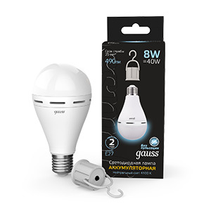 Лампа Gauss A60 8W 490lm 4100K E27 с Li-Ion аккумулятором LED 1/25 102402208