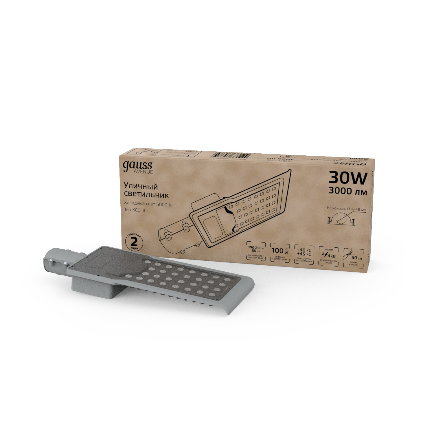 Светильник уличный Gauss Avenue 30W 3000lm 5000K 190-250V IP65 316*130*57мм черный КСС "Ш" LED 1/20 629534330