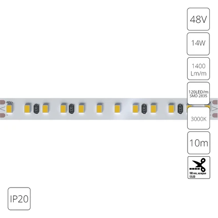 Светодиодная лента 48V 14,4W/m 3000К 10м IP20 Arte Lamp TAPE A4812010-07-3K