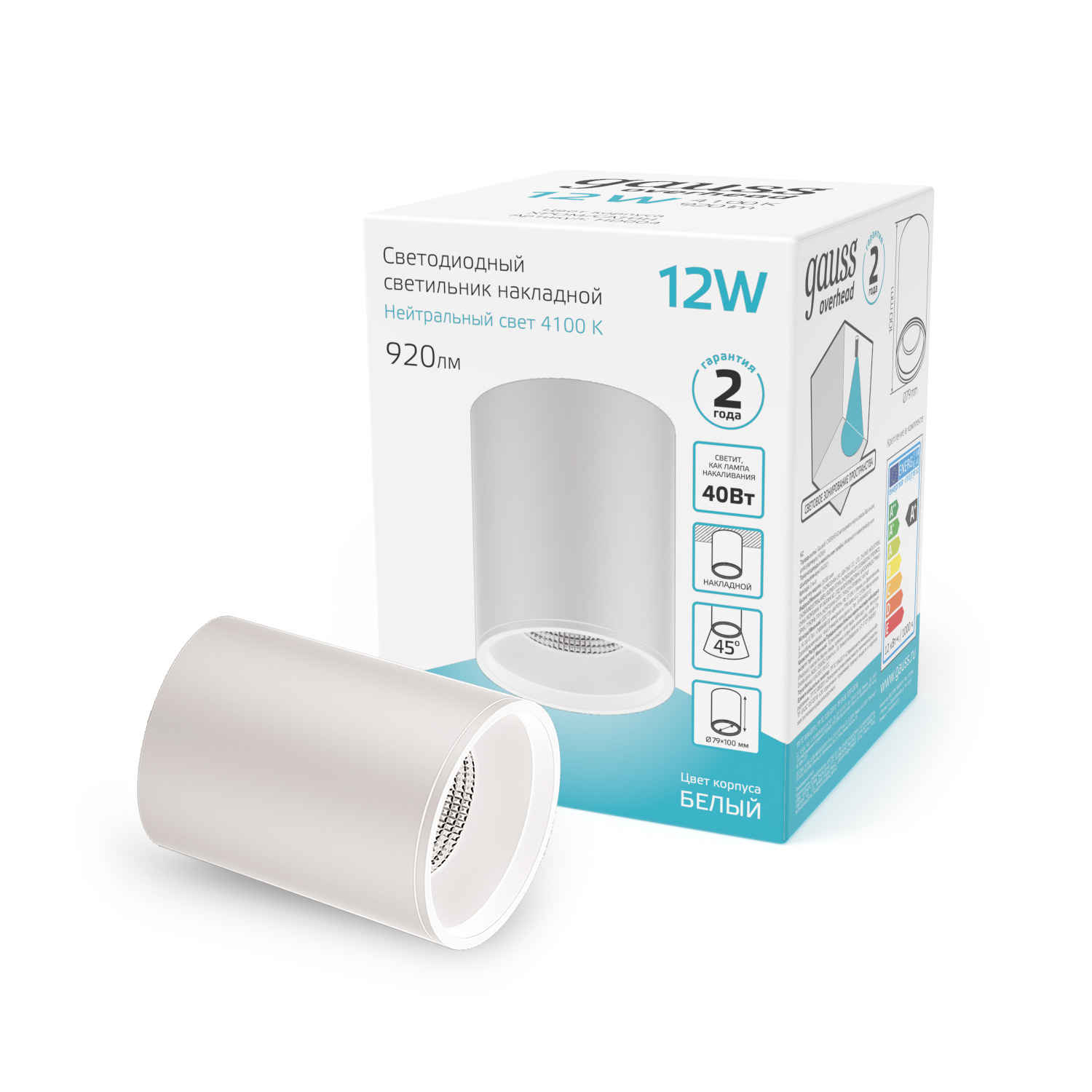 Светильник Gauss Overhead накл цил 12W 920lm 4100K 170-240V IP20 79*100мм белый LED 1/30 HD011