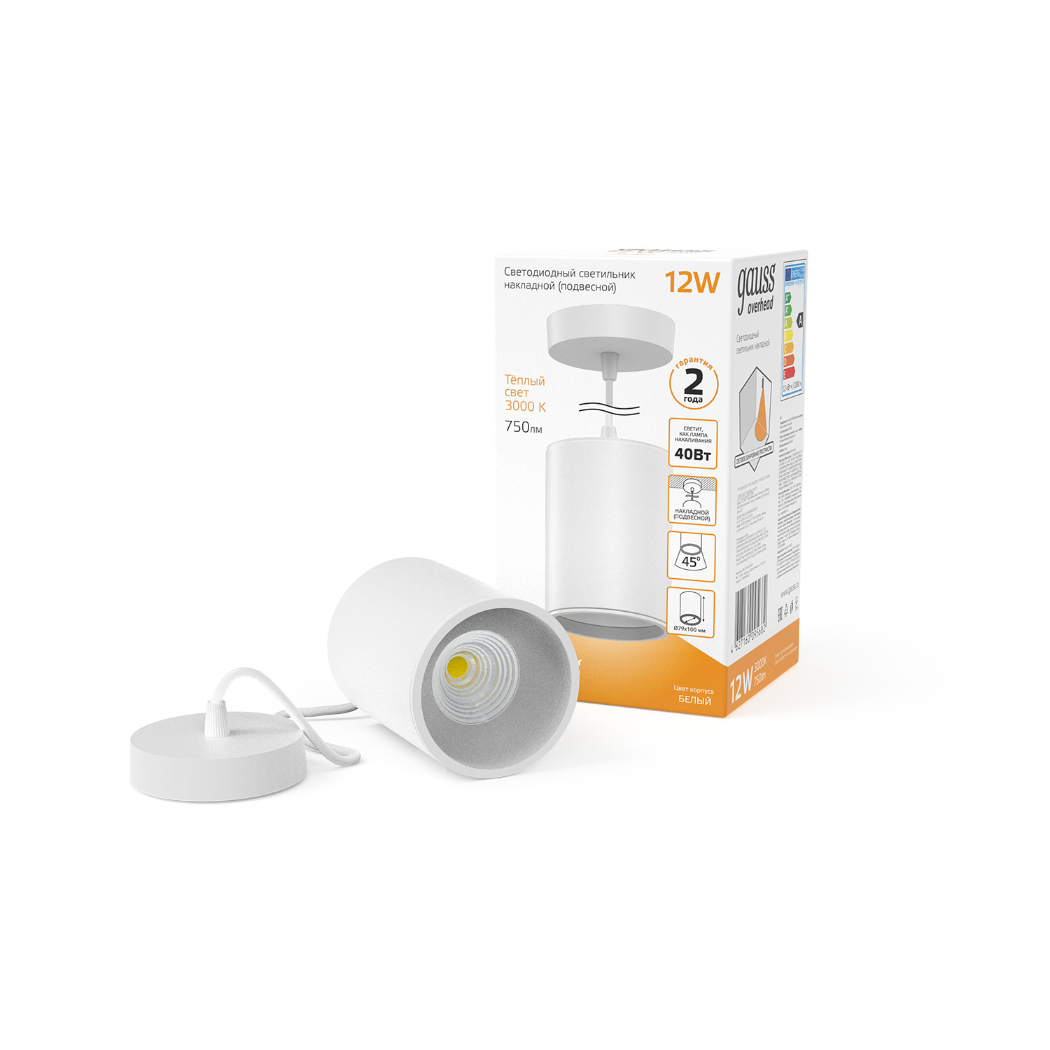 Светильник Gauss Overhead подвес цил12W 750lm 3000K 170-240V IP20 79*100мм белый LED 1/10 HD039