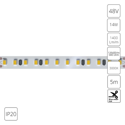 Светодиодная лента 48V 14,4W/m 3000К 5м IP20 Arte Lamp TAPE A4812010-05-3K