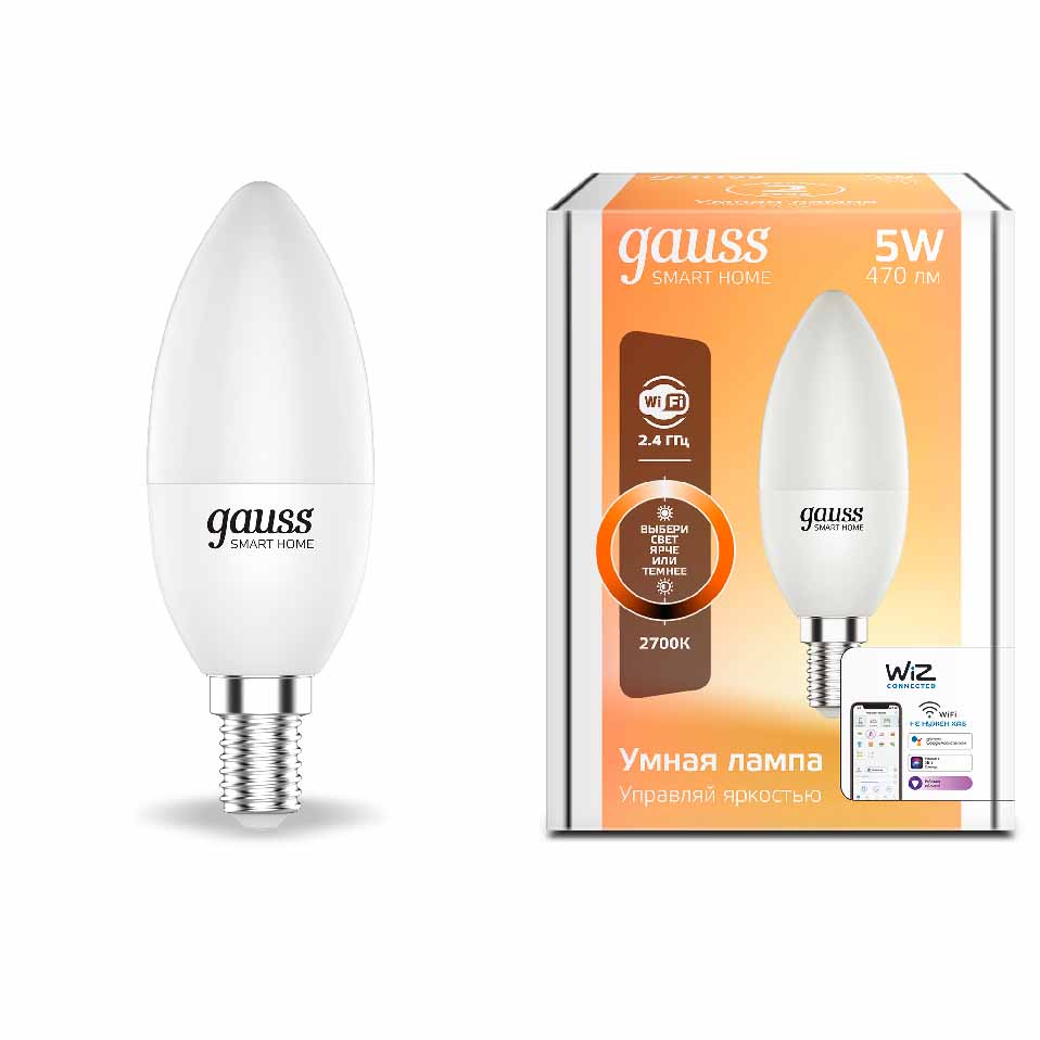 Лампа Gauss Smart Home С37 5W 470lm 2700К Е14 диммируемая LED 1/10/40 1100112