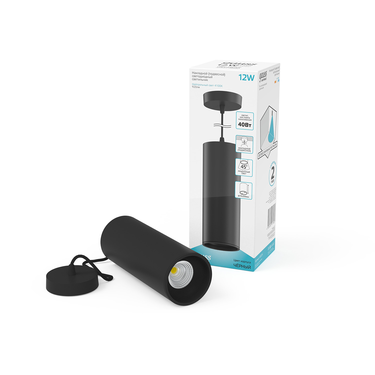 Светильник Gauss Overhead подвесной цилиндр 12W 920lm 4100K 170-240V IP20 79*200мм черный LED 1/10 HD034