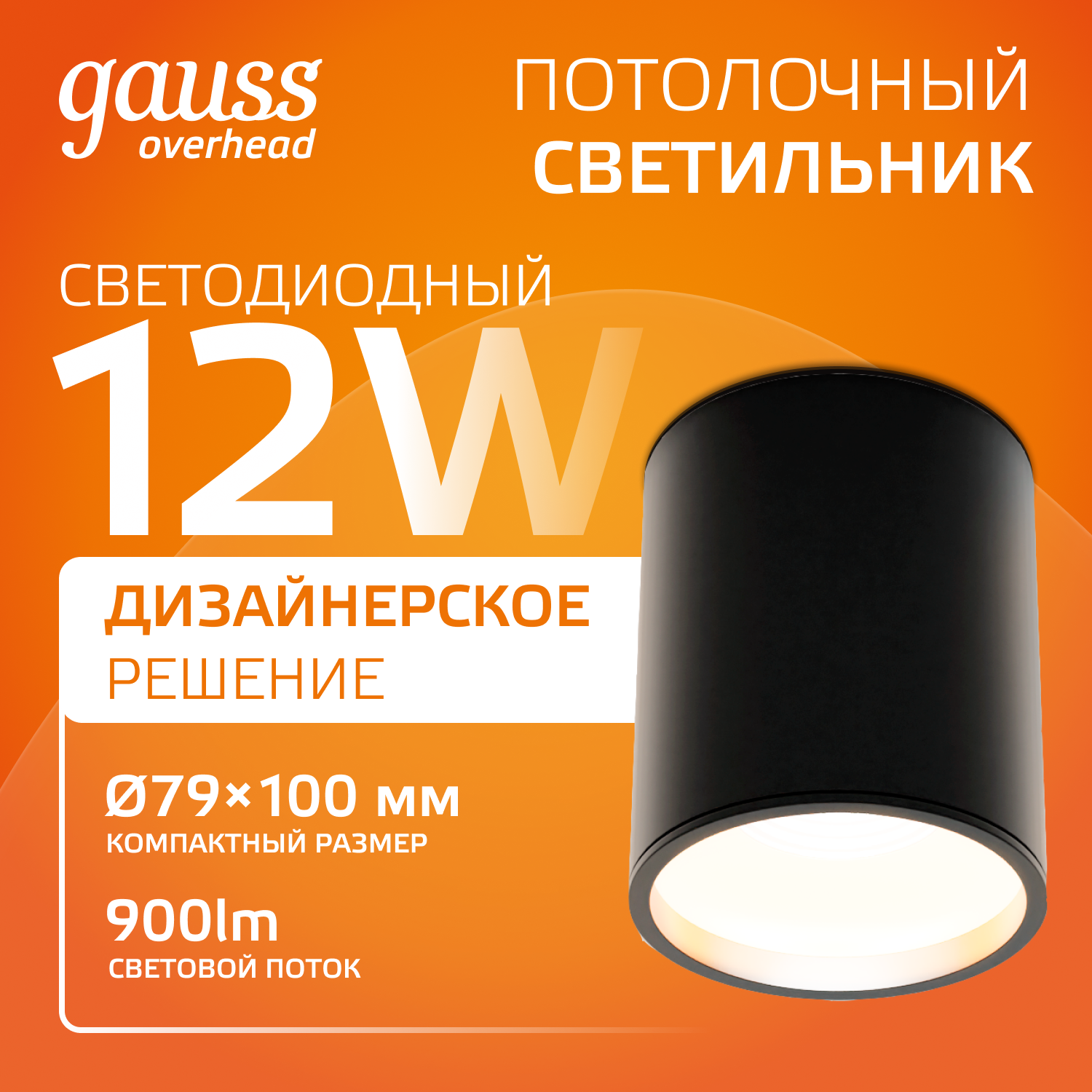 Светильник Gauss Overhead накл цил 12W 900lm 3000K 170-240V IP20 79*100мм черный LED 1/10 HD008