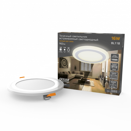 Светильник Gauss Backlight круг 12+4W 960lm 3000K 180-265V IP20 монт Ø170 190*31мм 3 реж  LED 1/20 BL118