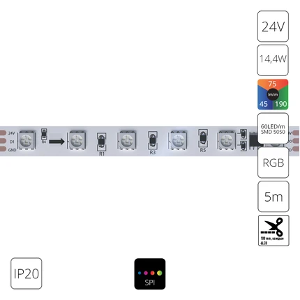 Светодиодная лента 24V 14,4W/m (на канал 4,8W/m) RGB 5м IP20 Arte Lamp SPI A2406010-05-RGB
