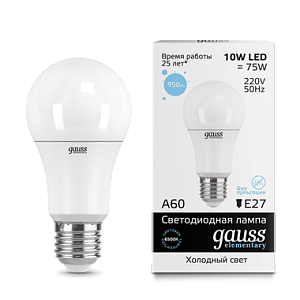 Лампа Gauss LED Elementary A60 10W E27 950lm 6500K 1/10/50 23230