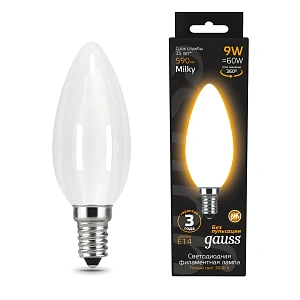Лампа Gauss Filament Свеча 9W 590lm 3000К Е14 milky LED 1/10/50 103201109