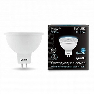 Лампа Gauss LED MR16 GU5.3 5W 12V 530lm 4100K 1/10/100 201505205