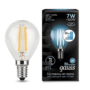 Лампа Gauss LED Filament Шар E14 7W 580lm 4100K step dimmable 1/10/50 105801207-S