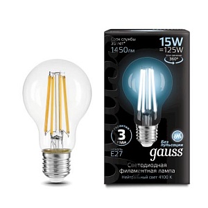 Лампа Gauss Filament А60 15W 1450lm 4100К Е27 LED 1/10/40 102902215