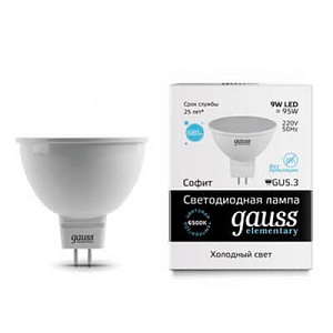 Лампа Gauss LED Elementary MR16 GU5.3 9W 680lm 6500K 1/10/100 13539