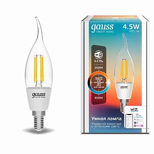 Лампа Gauss Smart Home Filament СF35 4,5W 495lm 2000-6500К E14 изм.цвет.темп.+дим. LED 1/10/40 1280112