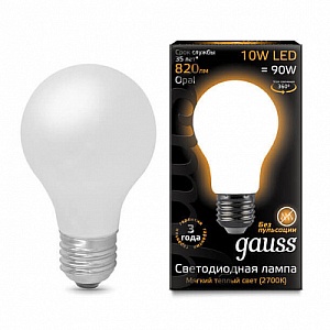 Лампа Gauss LED Filament A60 OPAL E27 10W 820lm 2700К 1/10/40 102202110