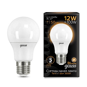 Лампа Gauss LED A60 12W E27 1150lm 3000K 1/10/50 102502112