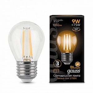 Лампа Gauss LED Filament Шар E27 9W 680lm 2700K 1/10/50 105802109