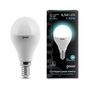 Лампа Gauss LED Шар E14 6.5W 550lm 4100K 1/10/50 105101207