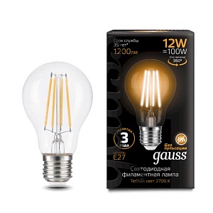 Лампа Gauss Filament А60 12W 1200lm 2700К Е27 LED 1/10/40 102902112
