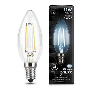 Лампа Gauss Filament Свеча 11W 830lm 4100К Е14 LED 1/10/50 103801211