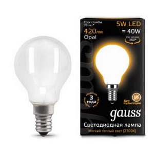 Лампа Gauss LED Filament Шар OPAL E14 5W 420lm 2700K 1/10/50 105201105