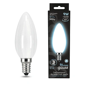 Лампа Gauss Filament Свеча 9W 610lm 4100К Е14 milky LED 1/10/50 103201209