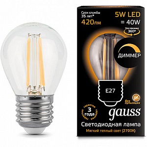 Лампа Gauss LED Filament Шар dimmable E27 5W 420lm 2700K 1/10/50 105802105-D