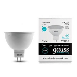 Лампа Gauss LED Elementary MR16 GU5.3 9W 660lm 4100K 1/10/100 13529
