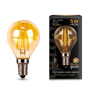 Лампа Gauss Filament Шар 5W 400lm 2700К Е14 golden LED 1/10/50 105801005