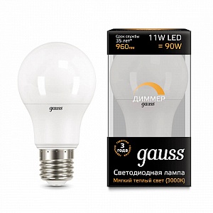 Лампа Gauss LED A60-dim E27 11W 960lm 3000К диммируемая 1/10/50 102502111-D