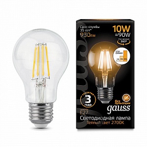 Лампа Gauss LED Filament A60 E27 10W 930lm 2700К step dimmable 1/10/40 102802110-S
