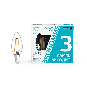 Лампа Gauss Basic Filament Свеча 5,5W 530lm 4100К Е14 LED (3 лампы в упаковке) 1/20 1031126T