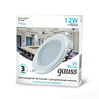 Светильник Gauss Glass круг 12W 990lm 4000K 220-240V IP20 монт Ø118 160*35 с дек стеклом LED 1/40 947111212