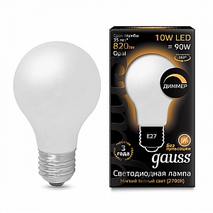 Лампа Gauss LED Filament A60 OPAL dimmable E27 10W 820lm 2700К 1/10/40 102202110-D