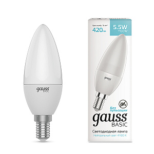Лампа Gauss Basic Свеча 5,5W 420lm 4100K E14 LED 1/10/100 1033126