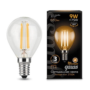 Лампа Gauss LED Filament Шар E14 9W 680lm 2700K 1/10/50 105801109