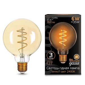 Лампа Gauss Filament G95 6W 360lm 2400К Е27 golden flexible LED 1/20 105802007