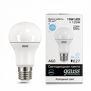 Лампа Gauss LED Elementary A60 15W E27 1480lm 6500K 1/10/50 23235