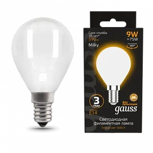 Лампа Gauss Filament Шар 9W 590lm 3000К Е14 milky LED 1/10/50 105201109
