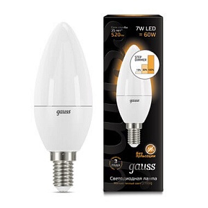 Лампа Gauss LED Свеча E14 7W 520lm 3000К step dimmable 1/10/100 103101107-S