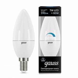 Лампа Gauss LED Свеча-dim E14 7W 590lm 4100К диммируемая 1/10/100 103101207-D