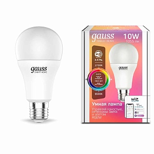 Лампа Gauss Smart Home A60 10W 1055lm 2700-6500К E27 RGBW+изм.цвет.темп.+диммирование LED 1/10/40 1180112