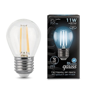 Лампа Gauss Filament Шар 11W 830lm 4100К Е27 LED 1/10/50 105802211